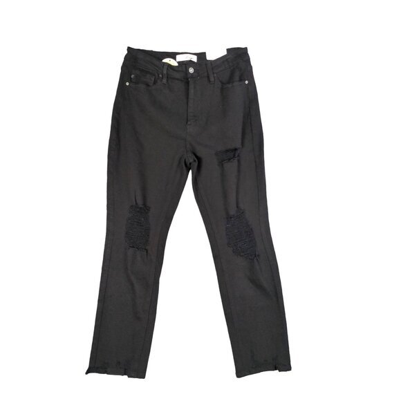 KANCAN High Rise Straight Jean Women SZ 13/30x28 Black Distressed Grunge Emo NEW - Picture 1 of 11
